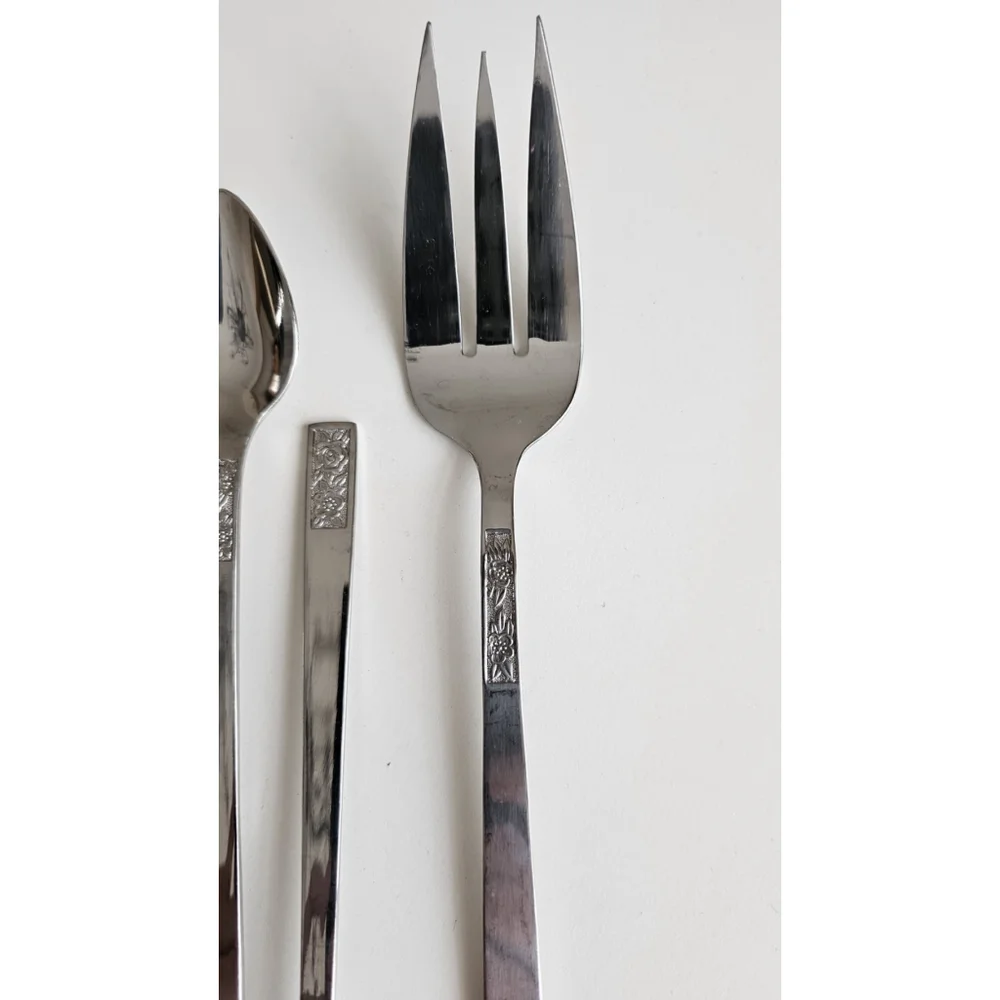 Customcraft Set of 6 Iced Tea Spoons & Serving Fork Stainless Flatware Floral